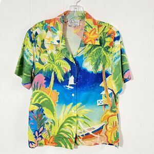 Michael Leu Art to Wear 100% SILK Shirt S Hawaiian Shirt BEACH Boat Watercolor